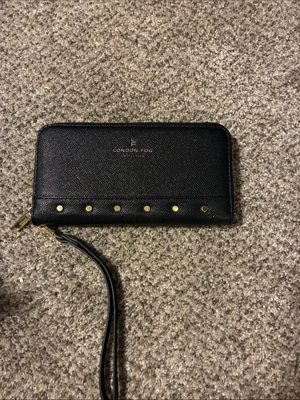 London Fog Black Saffiano Wristlet Wallet with Gold Studs